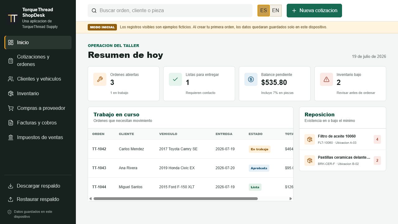 Panel de TorqueThread ShopDesk en espanol